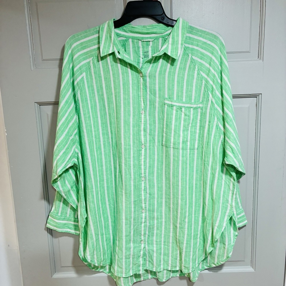 Aerie Pool-To-Party Women Shirt Size XL Linen Blend Green Stripe Oversized - Picture 3 of 13
